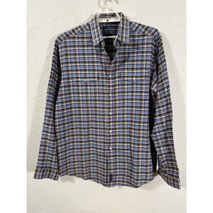 Rough Stock Western Shirt Mens L Blue‎ Brown Good Pearl Snap Plaid ROS5002